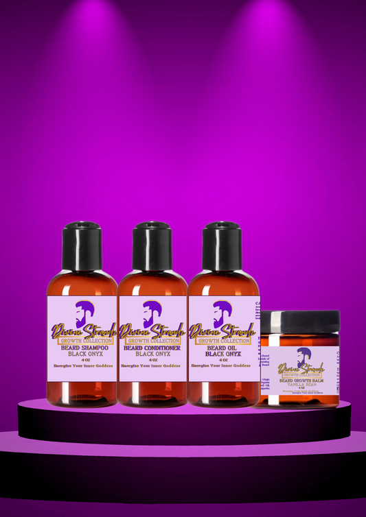 Divine Strands Beard Growth System products displayed on stage under purple lighting