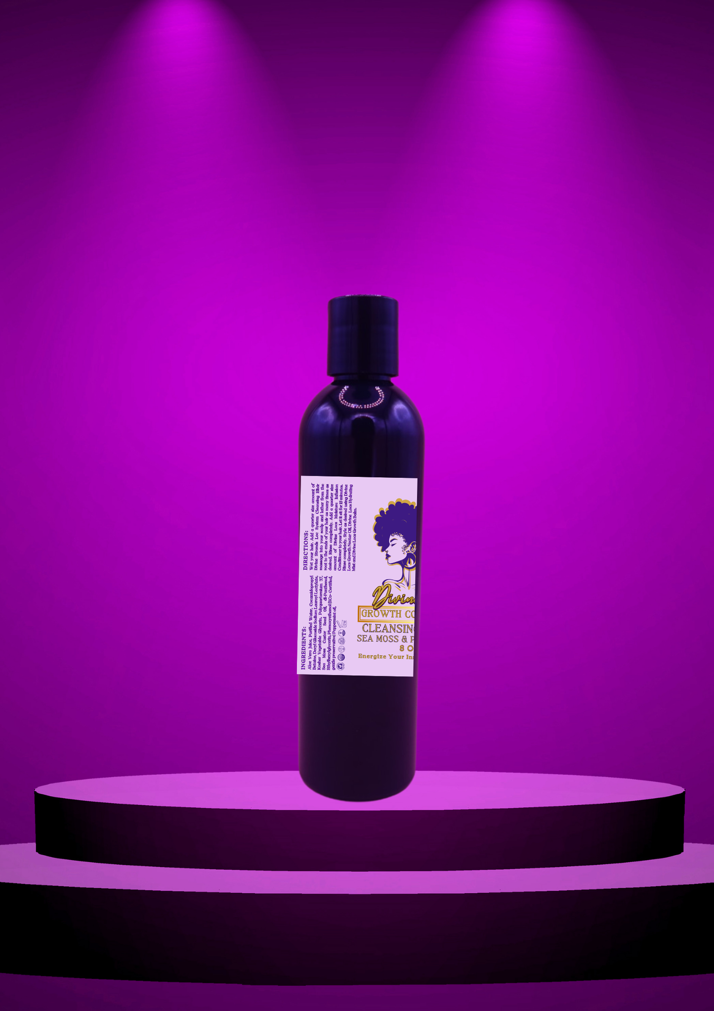 Divine Loc Growth Collection Cleansing Elixir bottle on a purple pedestal display with a vibrant background.