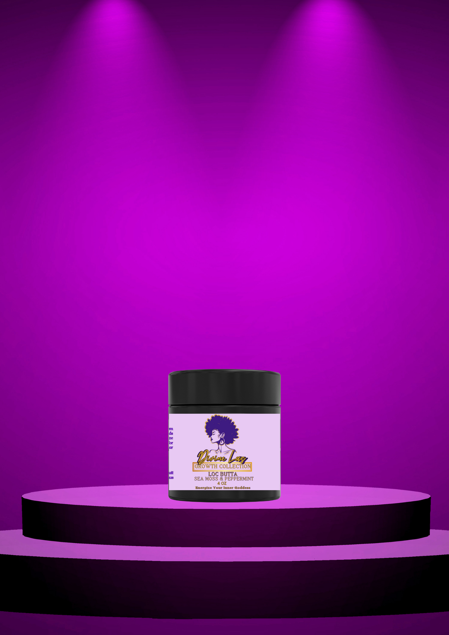 Divine Loc Growth Butta on a purple stage background, showcasing natural hair care nourishment and vitality for locs.