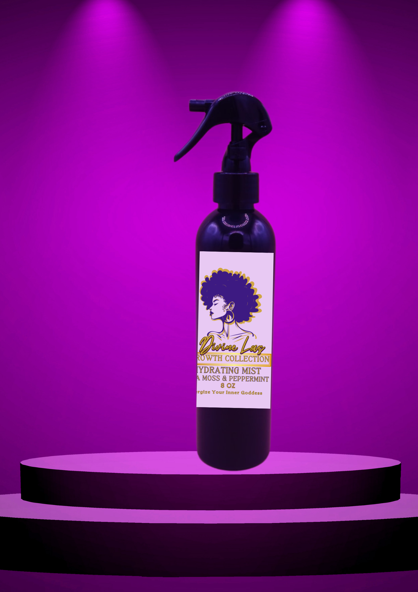 Divine Locs Hydration Mist on a purple spotlighted stage, infused with sea moss and mint for loc growth and nourishment.