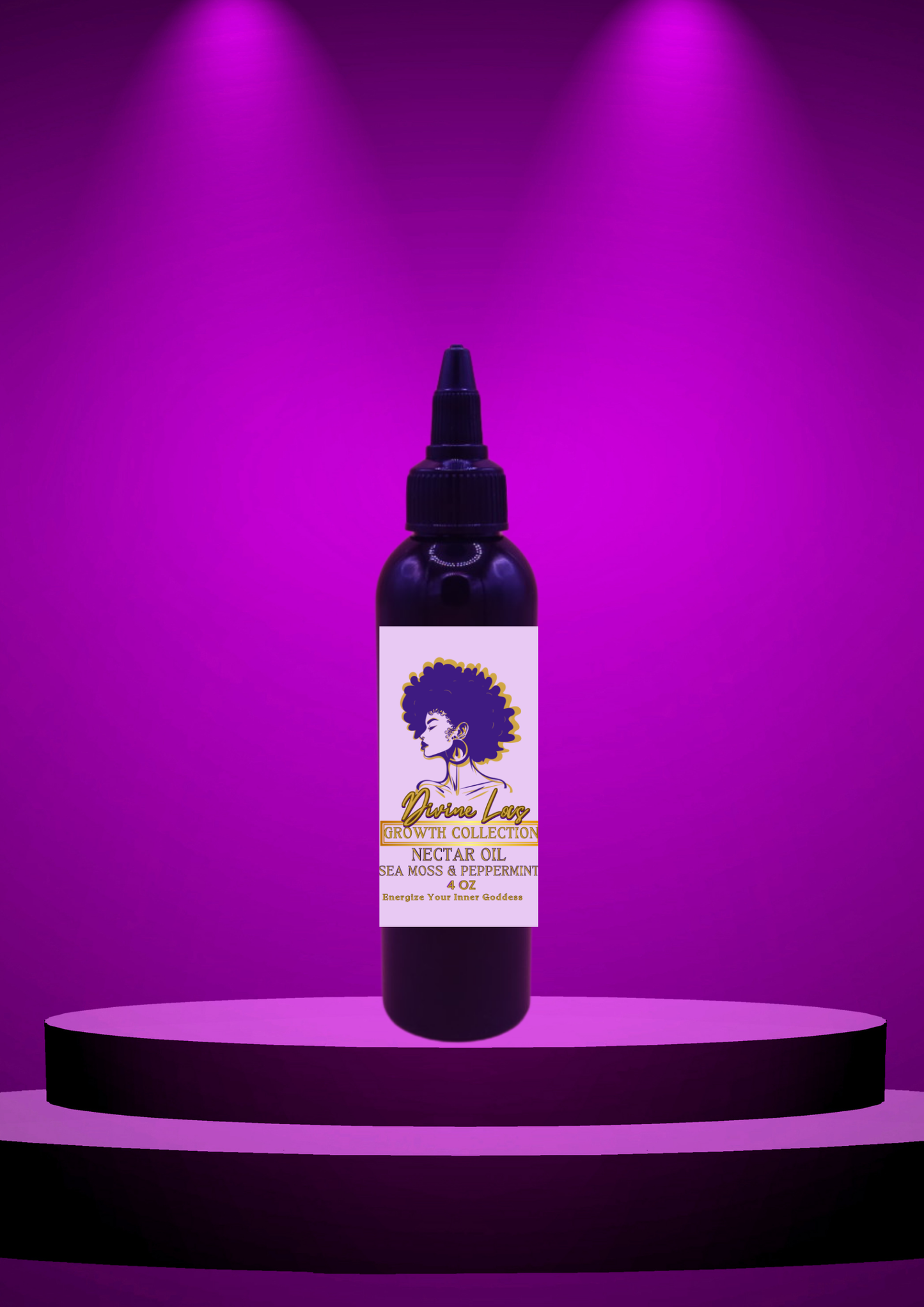 Divine Loc Growth Collection Nectar Hair Oil bottle on a purple spotlighted stage.
