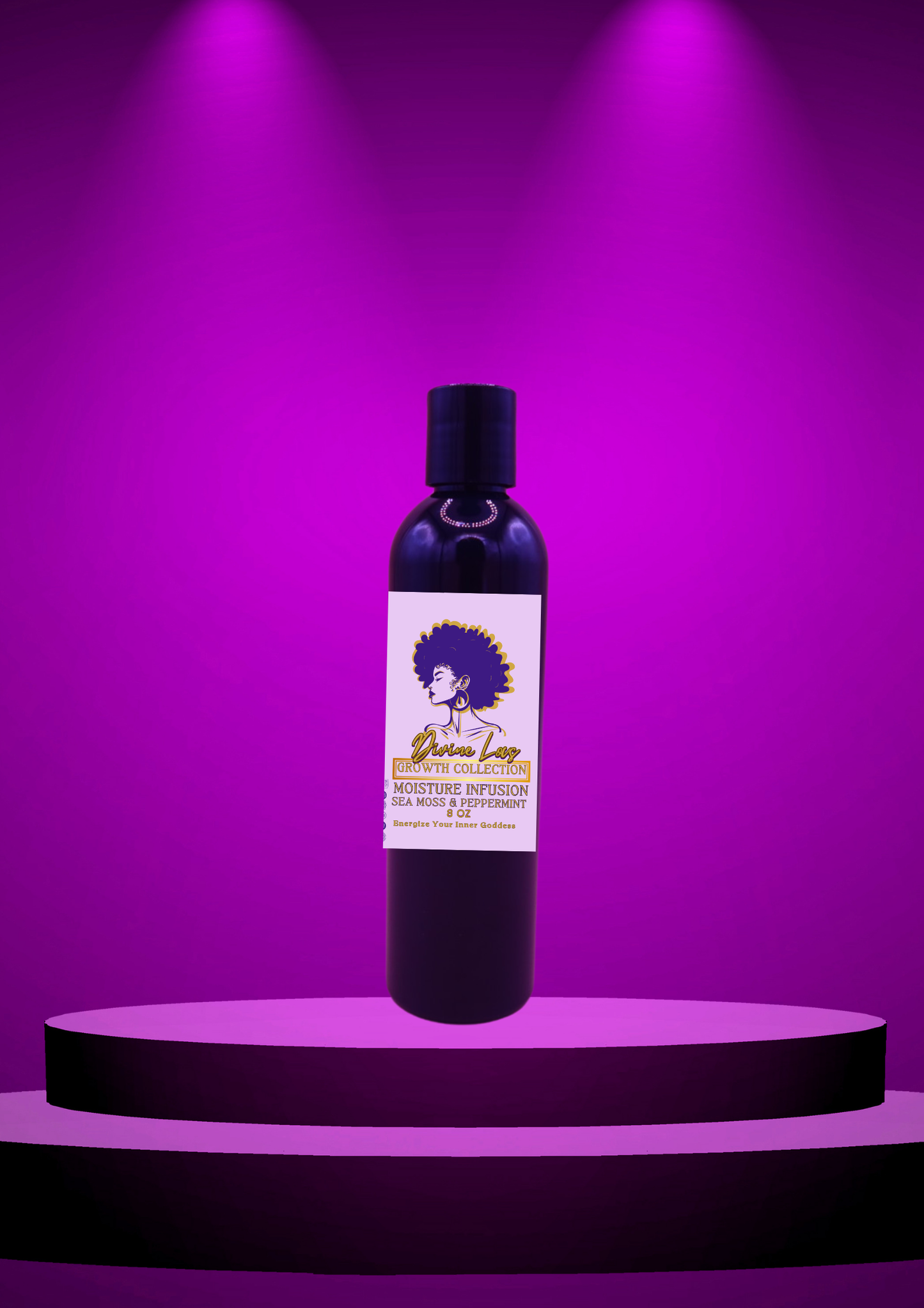 Divine Loc Growth Collection Moisture Infusion bottle on purple stage background, designed to nourish and promote loc health.