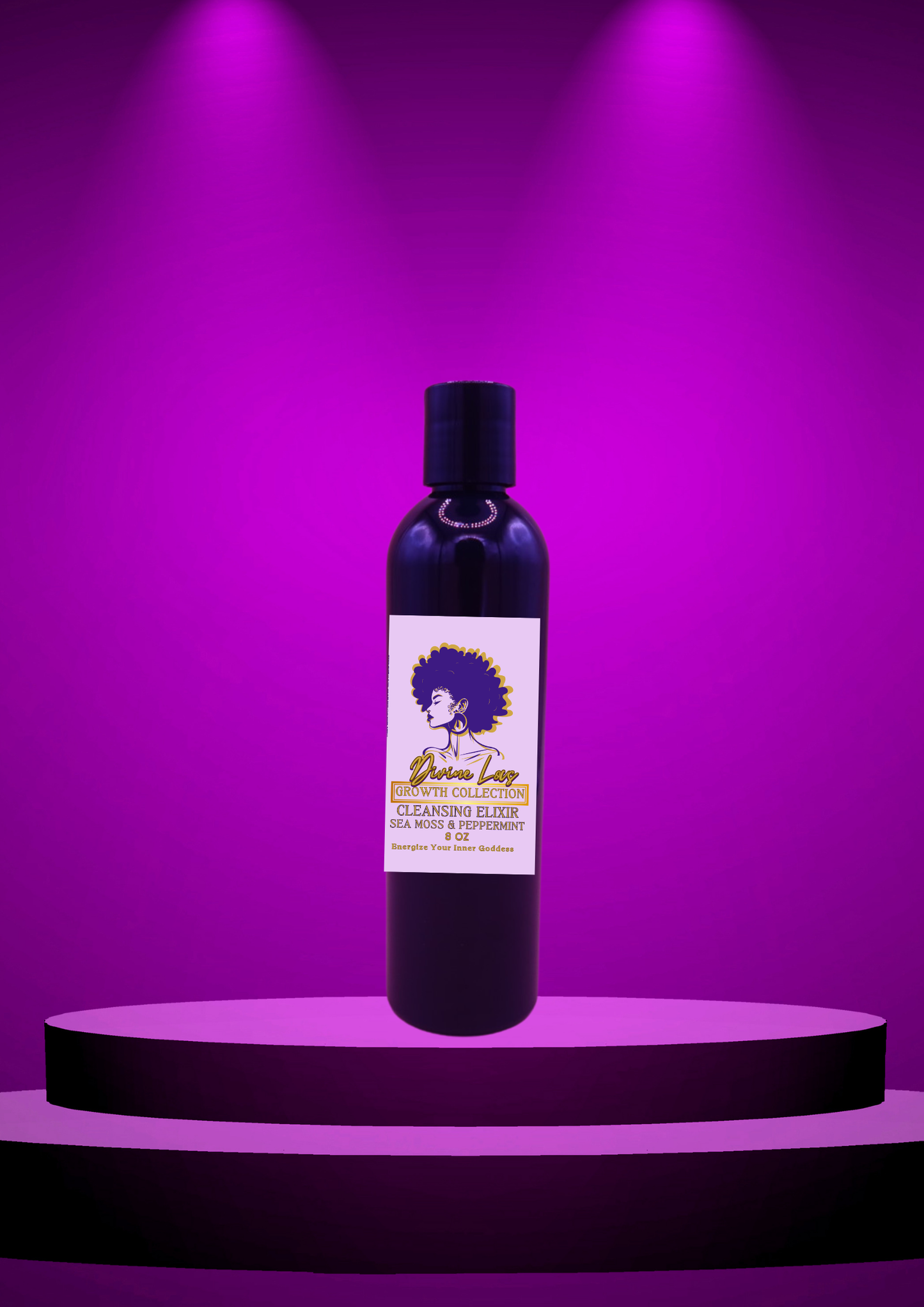 Divine Loc Growth Collection Cleansing Elixir bottle on a purple stage background.