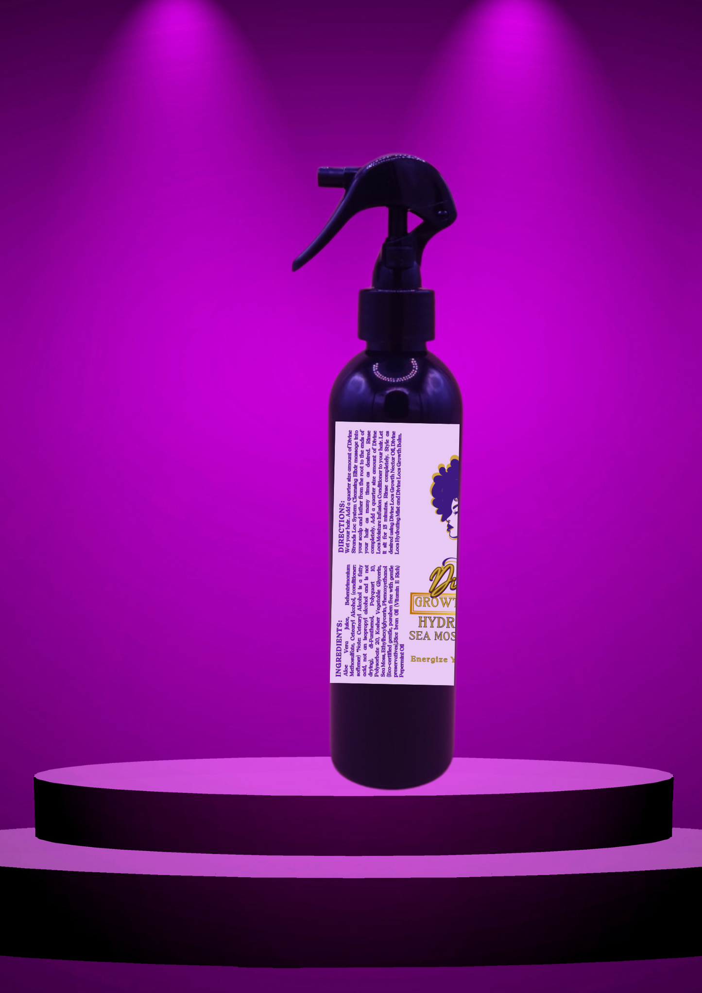 Divine Loc Growth Collection Hydration Mist bottle on a purple platform, promoting hair health with sea moss and natural ingredients.