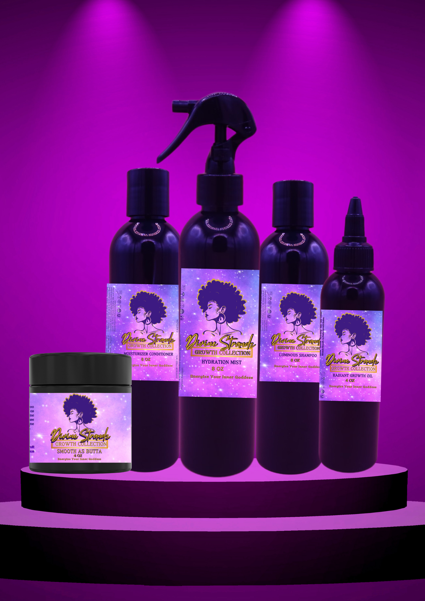 Divine Strands Rosemary & Mint Growth System hair care products set against a purple background.