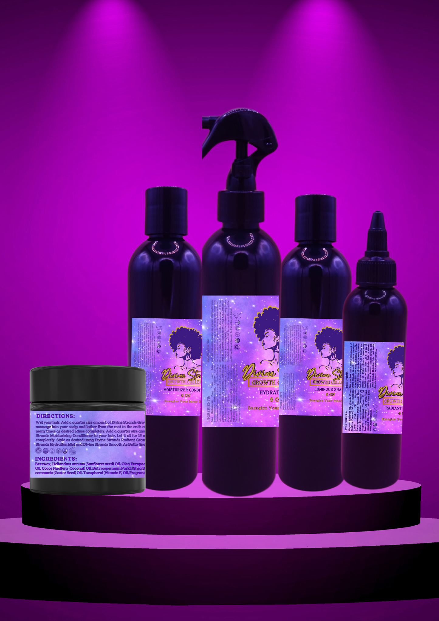 Divine Strands Rosemary & Mint Growth System for healthy children's hair, includes shampoo, conditioner, hair butter, mist, and oil.