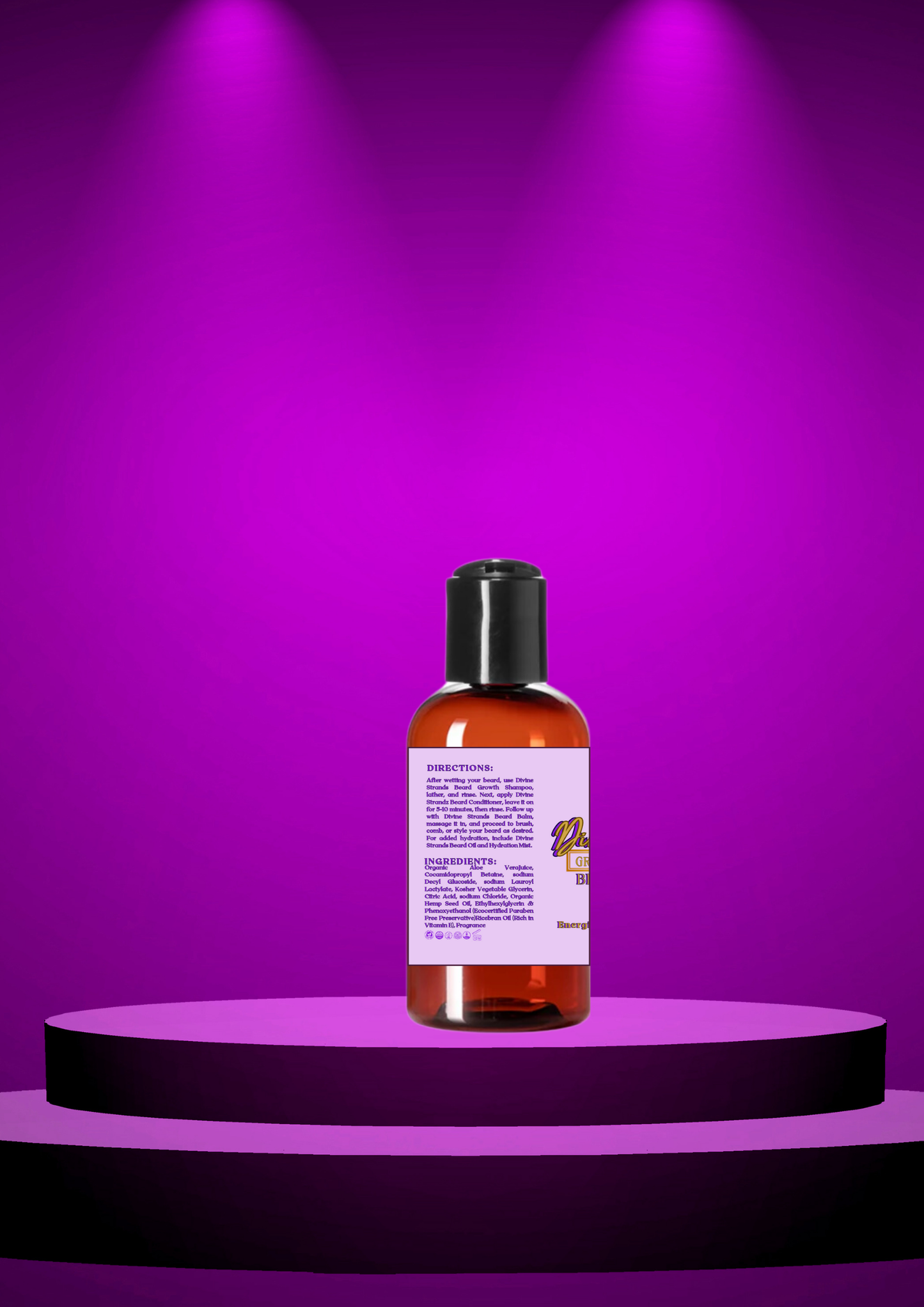 Divine Strands Beard Shampoo Black Onyx bottle on purple stage, hydrating and sulfate-free for beard care.