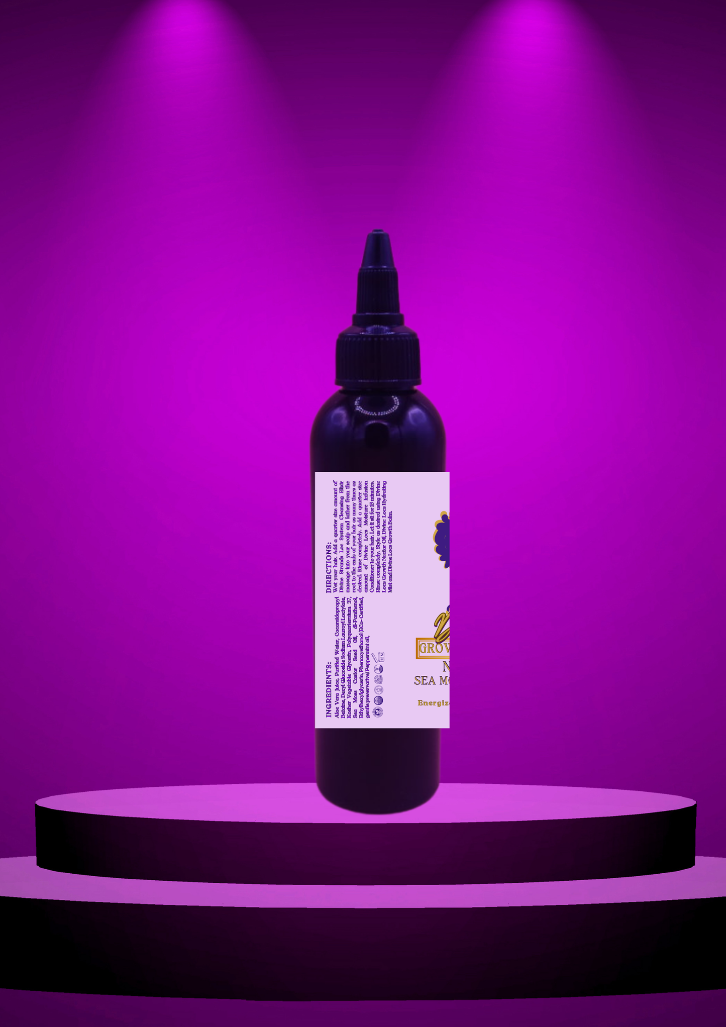 Divine Loc Growth Collection Nectar Hair Oil bottle on purple background, part of premium loc care system for growth and nourishment.