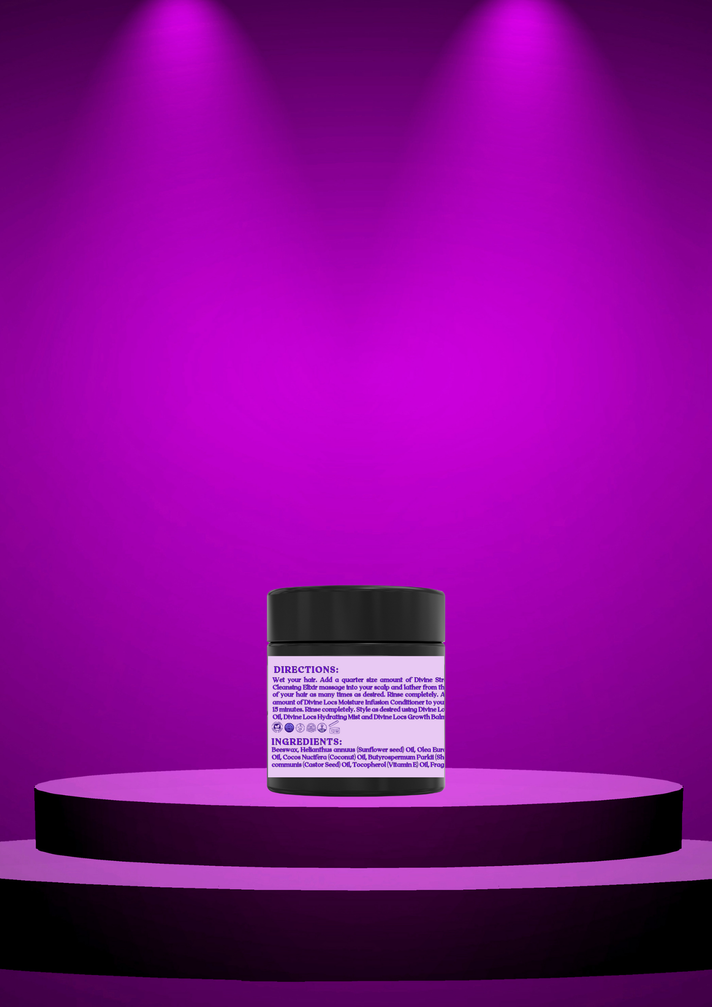 Divine Loc Growth Butta on a purple spotlight stage, enhancing hair care with natural ingredients.