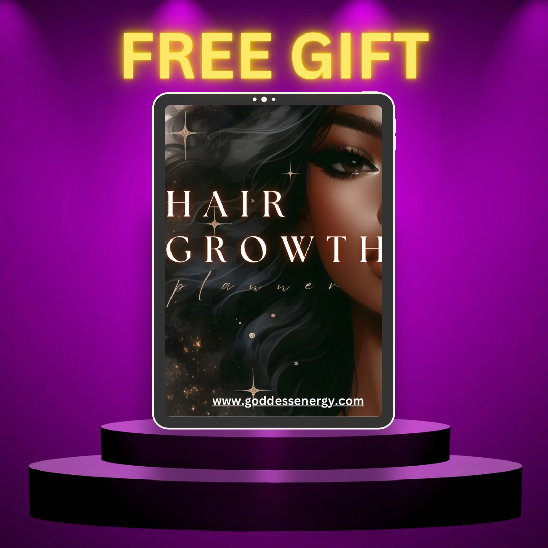 Free Hair Growth Planner offer from Goddess Energy displayed on a tablet with a vibrant purple background.
